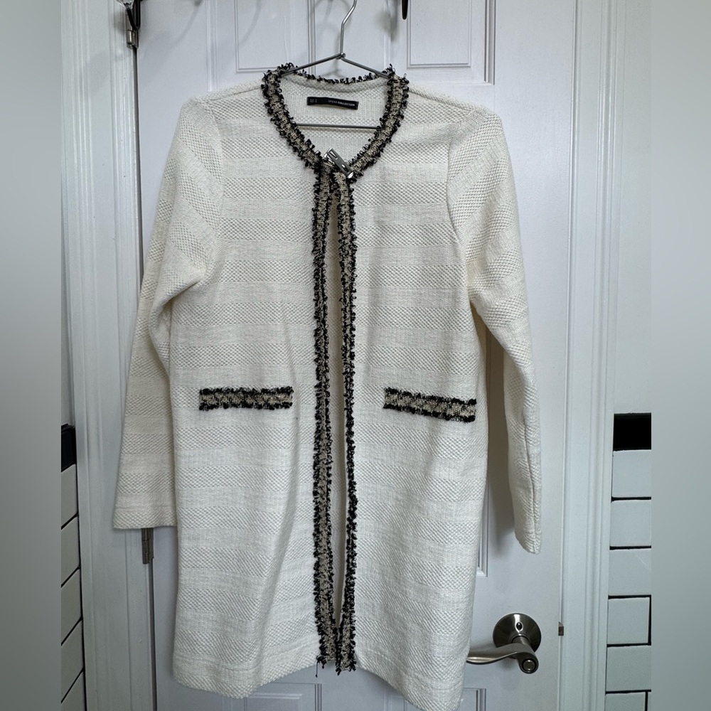 Elegant White Cardigan Coat with Black Accents
